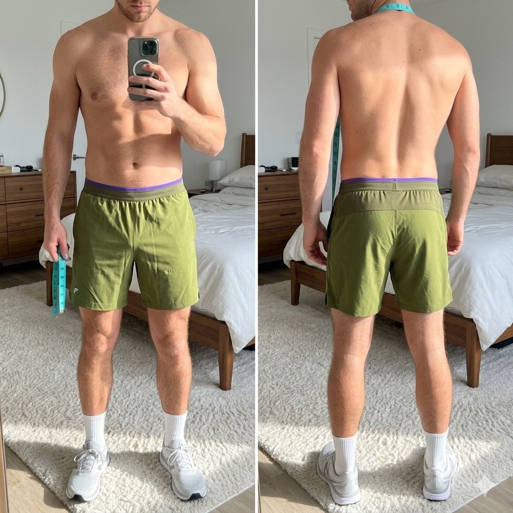 Fabletics Men's Medium Green Training Shorts 7" Inseam Purple Waistband Athletic